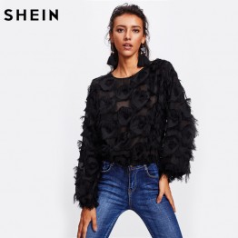 SHEIN Fringe Patch Mesh Top Sexy Autumn Womens Tops and Blouses Black Long Sleeve Round Neck Elegant Womens Tops