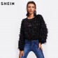 SHEIN Fringe Patch Mesh Top Sexy Autumn Womens Tops and Blouses Black Long Sleeve Round Neck Elegant Womens Tops32835230784