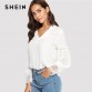 SHEIN Laser Cut Insert Guipure Lace Cuff Blouse White V Neck Long Sleeve Cut Out Tops Women Autumn Elegant Workwear Shirt
