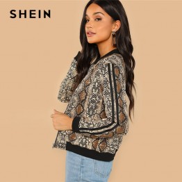 SHEIN Multicolor Highstreet Snakeskin Print Colorblock Striped Sleeve Jacket Autumn Modern Lady Casual Women Coat Outerwear
