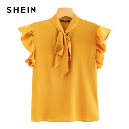 SHEIN Mustard Elegant Office Lady Flounce Shoulder Tied Neck Floral Solid Ruffle Blouse Summer Women Tops And Blouses