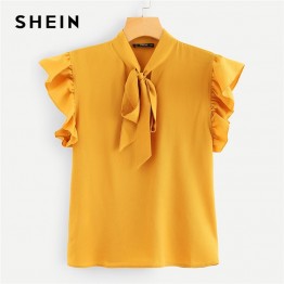 SHEIN Mustard Elegant Office Lady Flounce Shoulder Tied Neck Floral Solid Ruffle Blouse Summer Women Tops And Blouses