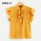 SHEIN Mustard Elegant Office Lady Flounce Shoulder Tied Neck Floral Solid Ruffle Blouse Summer Women Tops And Blouses32905262953