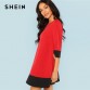 SHEIN Red Contrast Trim Tunic Dress Workwear Colorblock 3/4 Sleeve Short Dresses Women Autumn Elegant Straight Mini Dresses32916583271