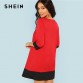 SHEIN Red Contrast Trim Tunic Dress Workwear Colorblock 3/4 Sleeve Short Dresses Women Autumn Elegant Straight Mini Dresses