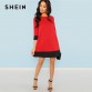 SHEIN Red Contrast Trim Tunic Dress Workwear Colorblock 3/4 Sleeve Short Dresses Women Autumn Elegant Straight Mini Dresses