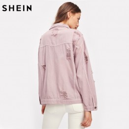 SHEIN Rips Detail Boyfriend Denim Jacket Autumn Womens Jackets and Coats Pink Lapel Single Breasted Casual Fall Jacket