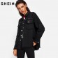 SHEIN Studded Frayed Hem Denim Jacket Autumn Women Coats Black Lapel Single Breasted Women's Jackets and Coats