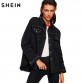 SHEIN Studded Frayed Hem Denim Jacket Autumn Women Coats Black Lapel Single Breasted Women s Jackets and Coats32830442915