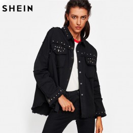 SHEIN Studded Frayed Hem Denim Jacket Autumn Women Coats Black Lapel Single Breasted Women's Jackets and Coats