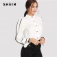 SHEIN White Elegant Stand Collar Long Sleeve Button Black Striped Blouse Autumn Women Workwear Shirt Top