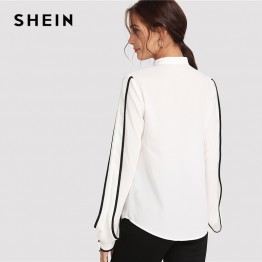 SHEIN White Elegant Stand Collar Long Sleeve Button Black Striped Blouse Autumn Women Workwear Shirt Top