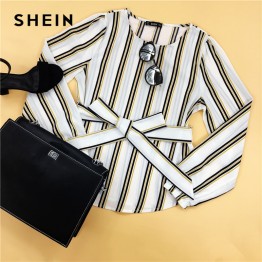 SHEIN White Office Lady Elegant Striped Print Scoop Neck Long Sleeve Blouse New Autumn Workwear Women Tops And Blouses