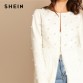 SHEIN White Office Lady Solid Pearl Embellished Faux Fur Round Neck Jacket Autumn Workwear Casual Women Coat And Outerwear