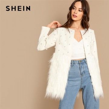SHEIN White Office Lady Solid Pearl Embellished Faux Fur Round Neck Jacket Autumn Workwear Casual Women Coat And Outerwear