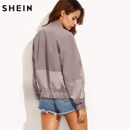 SHEIN Womens Autumn Casual Jackets Ladies Color Block Pocket Zipper Front Stand Collar Long Sleeve Basic Jacket Coat Outwear