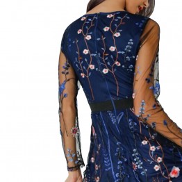 Sexy Women Floral Embroidery Dress Sheer Mesh Summer Boho Mini A-line Dress See-through Black Dress 2019 Vestidos De Festa