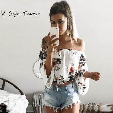 Sexy off Shoulder Flower Print Cotton Blouse Women Flare Sleeves Cropped Shirt Casual Rustic Summer Style Crop Top Boho Tee New32801971332