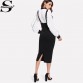Sheinside High Waist Slit Back Pencil Skirt With Strap Black Knee Length Plain Zipper Skirt Women Elegant Spring Midi Skirt