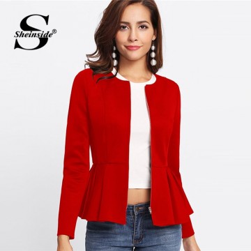 Sheinside Red Autumn Jacket Women Zip Up Box Pleated Peplum Coat Ruffle Tiered Layer Outerwear Womens Jackets And Coats32918832539