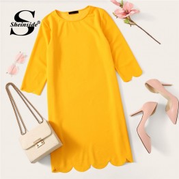 Sheinside Yellow Scalloped Edge Tunic Dress Elegant Women Straight Dresses 2019 Womens Clothing Office Ladies Solid Mini Dress