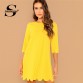 Sheinside Yellow Scalloped Edge Tunic Dress Elegant Women Straight Dresses 2019 Womens Clothing Office Ladies Solid Mini Dress32967883201