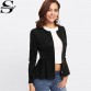 Sheinside Zip Up Box Pleated Peplum Jacket Black Round Neck Ruffle Hem Tiered Layer Elegant Outerwear Women Slim Jacket