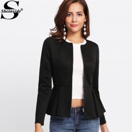 Sheinside Zip Up Box Pleated Peplum Jacket Black Round Neck Ruffle Hem Tiered Layer Elegant Outerwear Women Slim Jacket