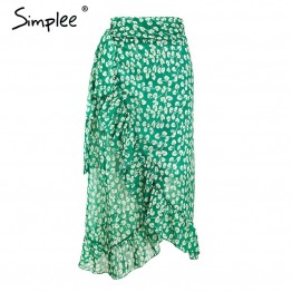 Simplee Ruffle leaf print wrap skirt women Sash tie up beach summer skirt asymmetric High waist streetwear long skirt femme