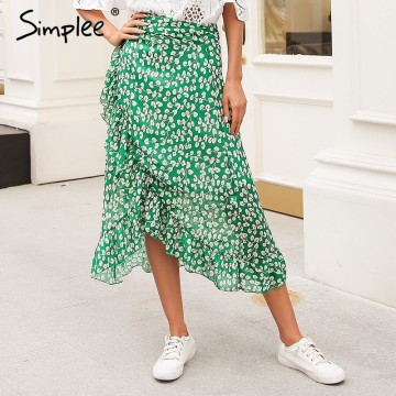 Simplee Ruffle leaf print wrap skirt women Sash tie up beach summer skirt asymmetric High waist streetwear long skirt femme32860454232