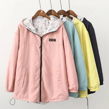 Spring Autumn Fashion Women Jacket Coat Pocket Zipper Hooded Two Side Wear Cartoon Print Outwear Loose Plus Size32772371056