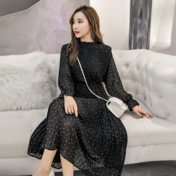 Spring Autumn Lady Long Chiffon Dress 2019 New Korean Fashion Women Long Sleeved Polka Dot Pleated Dresses Black Vintage Clothes32946037484