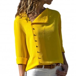 Summer Fashion Button Long Sleeve Yellow White Shirt Womens Tops And Blouses Female Tunic Office Chemise For Feminina Femme