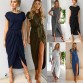 Summer Women Dress Ladies Irregular Slit Long Dresses 2018 Casual Solid Color Short Sleeves O-neck Sashes Elegant Female Vestido