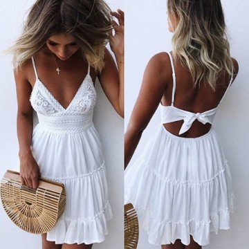 Summer Women Lace Dress Sexy Backless V-neck Beach Dresses Fashion Sleeveless Spaghetti Strap White Casual Mini Sundress32875342721