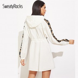SweatyRocks Quarter Zip Contrast Leopard Hooded Dress Streetwear Drawstring Waist Women Clothes 2019 Summer Casual Mini Dresses
