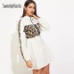 SweatyRocks Quarter Zip Contrast Leopard Hooded Dress Streetwear Drawstring Waist Women Clothes 2019 Summer Casual Mini Dresses