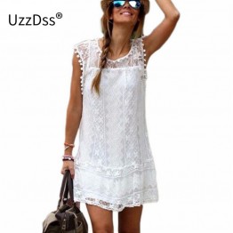 UZZDSS Summer Dress Women Casual Beach Short Dress Tassel Black White Mini Lace Dress Sexy Party Dresses Vestidos S-XXL