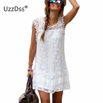 UZZDSS Summer Dress Women Casual Beach Short Dress Tassel Black White Mini Lace Dress Sexy Party Dresses Vestidos S-XXL32777527172