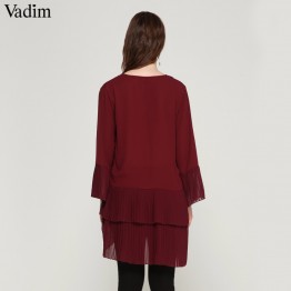 Vadim elegant V neck pleated long chiffon blouse long style long sleeve sweet shirts ladies casual chic tops blusas LA178