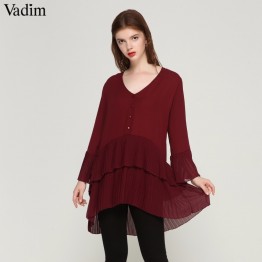 Vadim elegant V neck pleated long chiffon blouse long style long sleeve sweet shirts ladies casual chic tops blusas LA178
