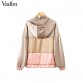 Vadim elegant patchwork hooded loose jacket oversized pockets Drawstring tie coat ladies outerwear casual chic tops CA12332915078662