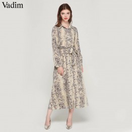Vadim women leopard print ankle length dress bow tie sashes long sleeve retro ladies casual chic dresses vestidos QA472