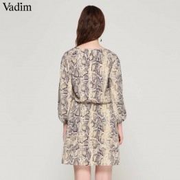 Vadim women sexy V neck snake pattern dress elastic waist three quarter sleeve pleated buttons casual mini vestidos QA423