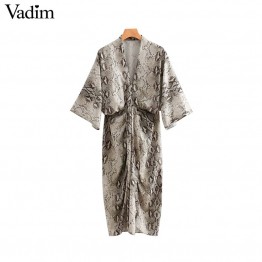 Vadim women snake print oversized dress V neck elastic waist split ladies summer loose mid calf chic dresses vestidos QA205