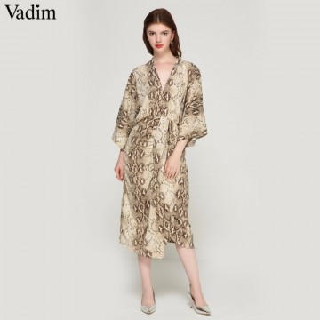 Vadim women snake print oversized dress V neck elastic waist split ladies summer loose mid calf chic dresses vestidos QA20532882141167