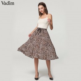 Vadim women stylish leopard print pleated skirt snake faldas mujer Drawstring tie elastic waist casual mid calf skirts BA108