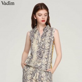 Vadim women stylish snake print blouse sleeveless turn down collar side striped shirts summer ladies casual tops blusas WA134
