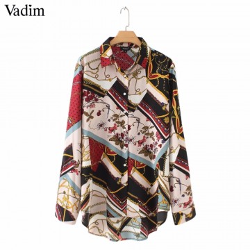 Vadim women vintage Geometric pattern blouses long sleeve turn down collar pleated shirts female casual wear chic tops LA29332917064625