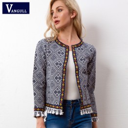 Vangull Tribal Embroidered Jacket Blue Vintage Fringe Tape Trim Women Autumn Coat Spring Long Sleeve Tassel Boho Jacket